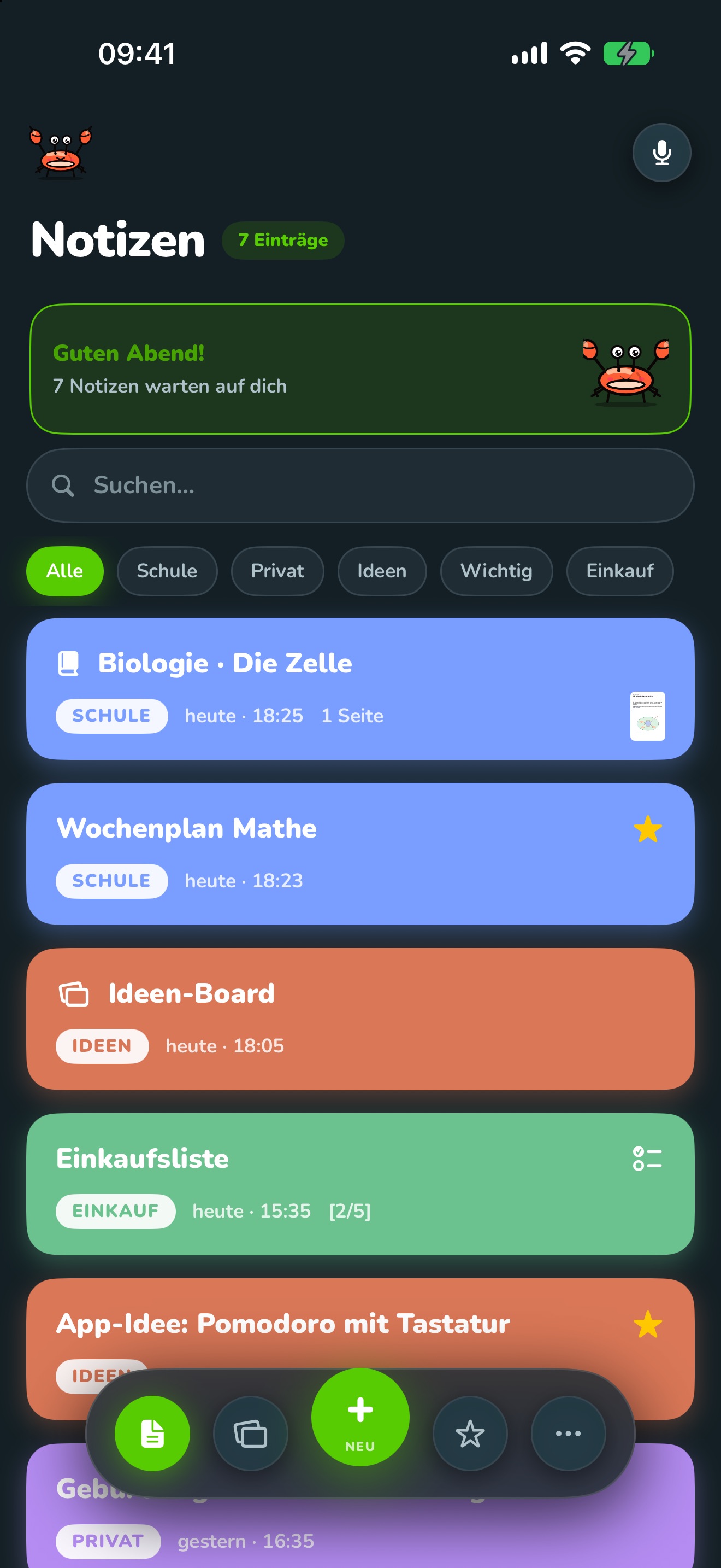 Notizliste im Krabby-Design