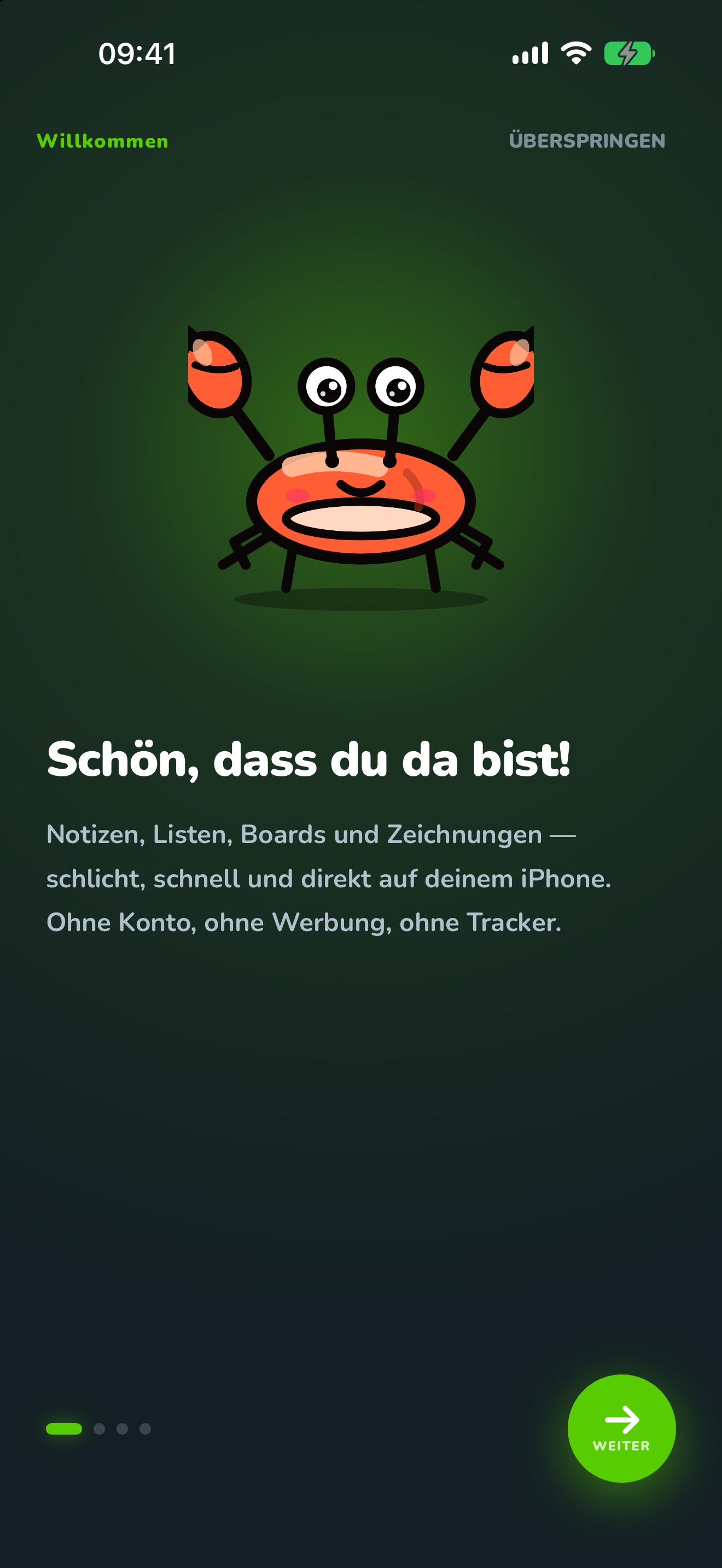 Krabby begrüßt dich in Simple Notes