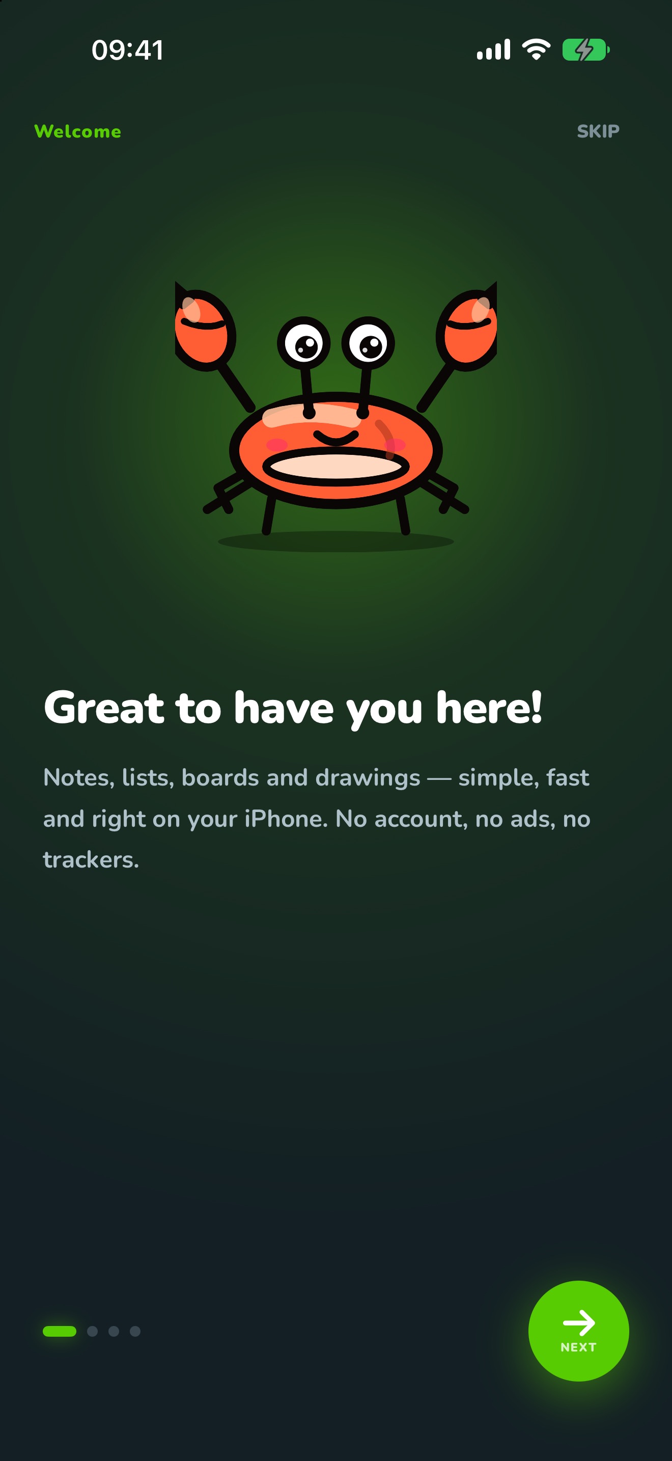 Krabby welcomes you to Simple Notes